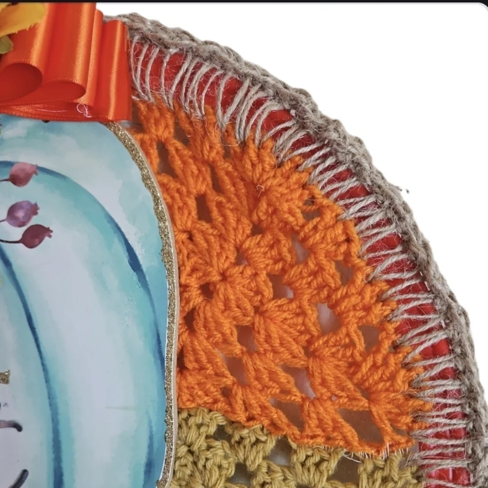 Handcrafted holiday wreath fall crochet pumpkin wall decor floral gnome collage